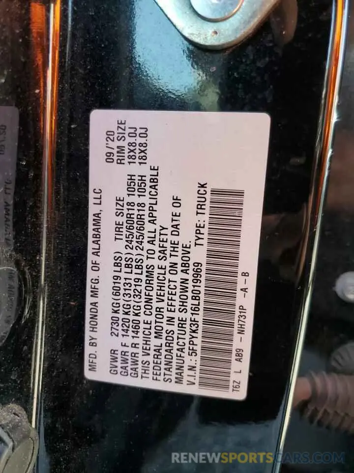 12 Photograph of a damaged car 5FPYK3F16LB019969 HONDA RIDGELINE 2020