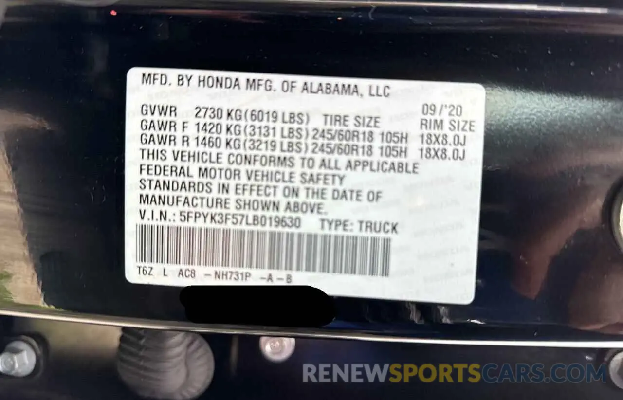 10 Photograph of a damaged car 5FPYK3F57LB019630 HONDA RIDGELINE 2020