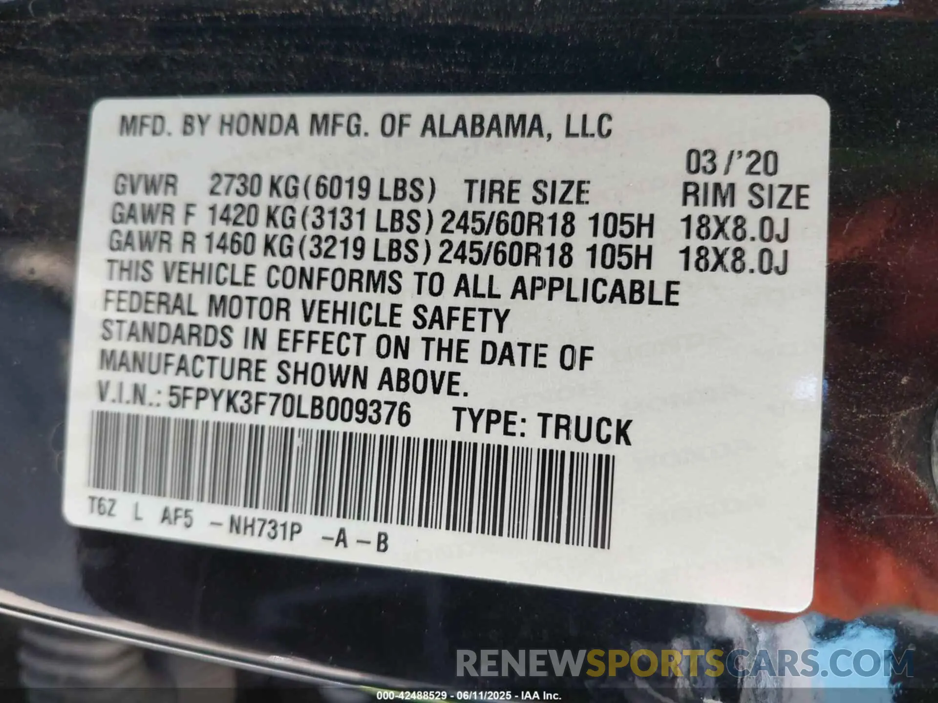 9 Photograph of a damaged car 5FPYK3F70LB009376 HONDA RIDGELINE 2020