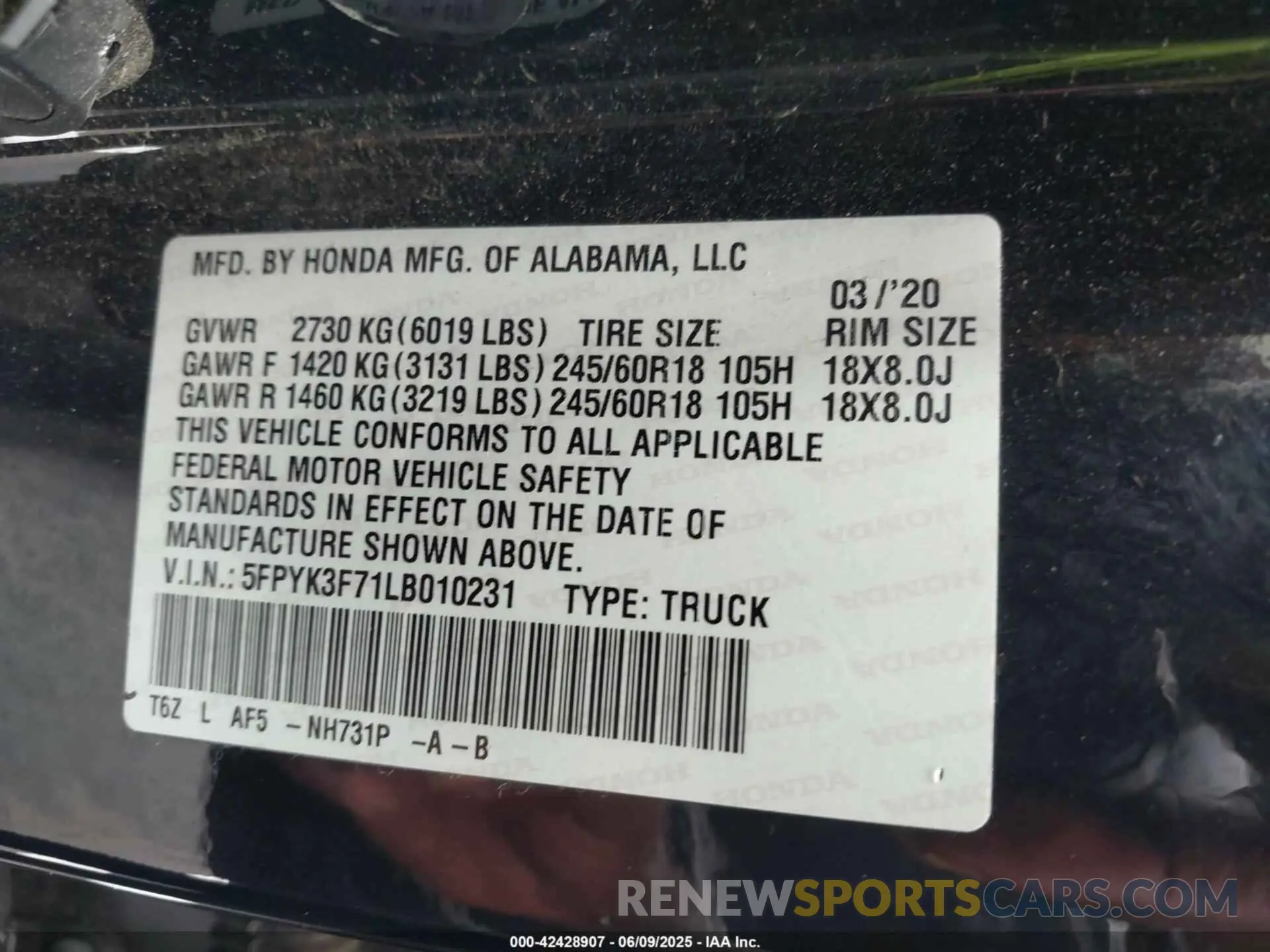 9 Photograph of a damaged car 5FPYK3F71LB010231 HONDA RIDGELINE 2020