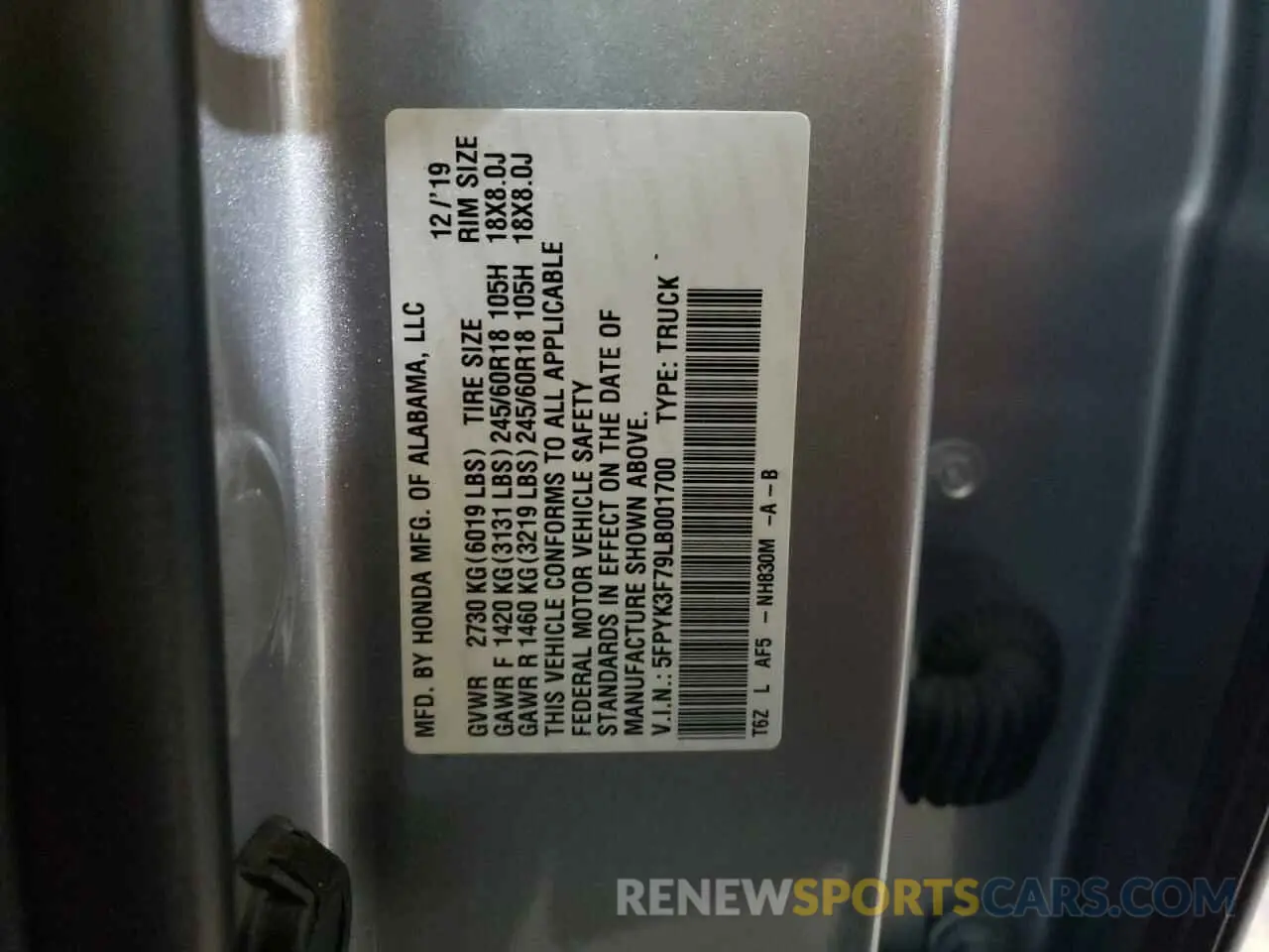 13 Photograph of a damaged car 5FPYK3F79LB001700 HONDA RIDGELINE 2020
