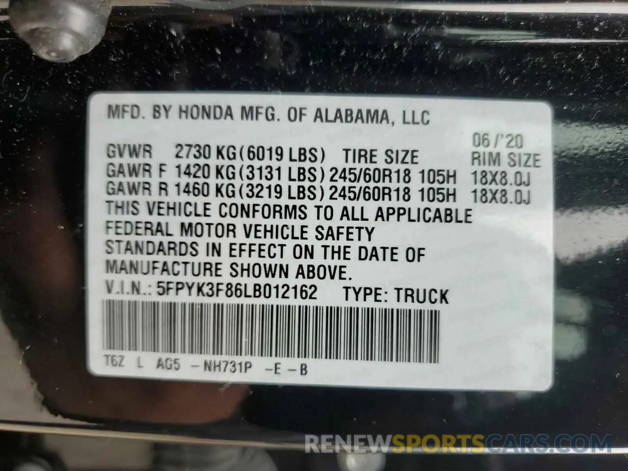 12 Photograph of a damaged car 5FPYK3F86LB012162 HONDA RIDGELINE 2020