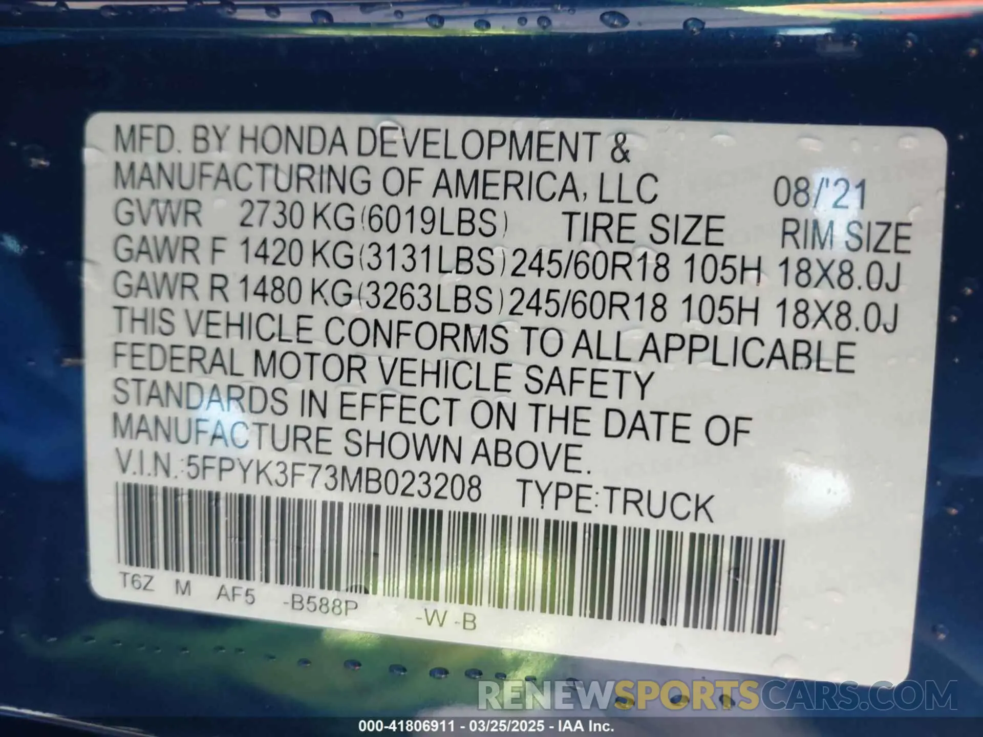 9 Photograph of a damaged car 5FPYK3F73MB023208 HONDA RIDGELINE 2021