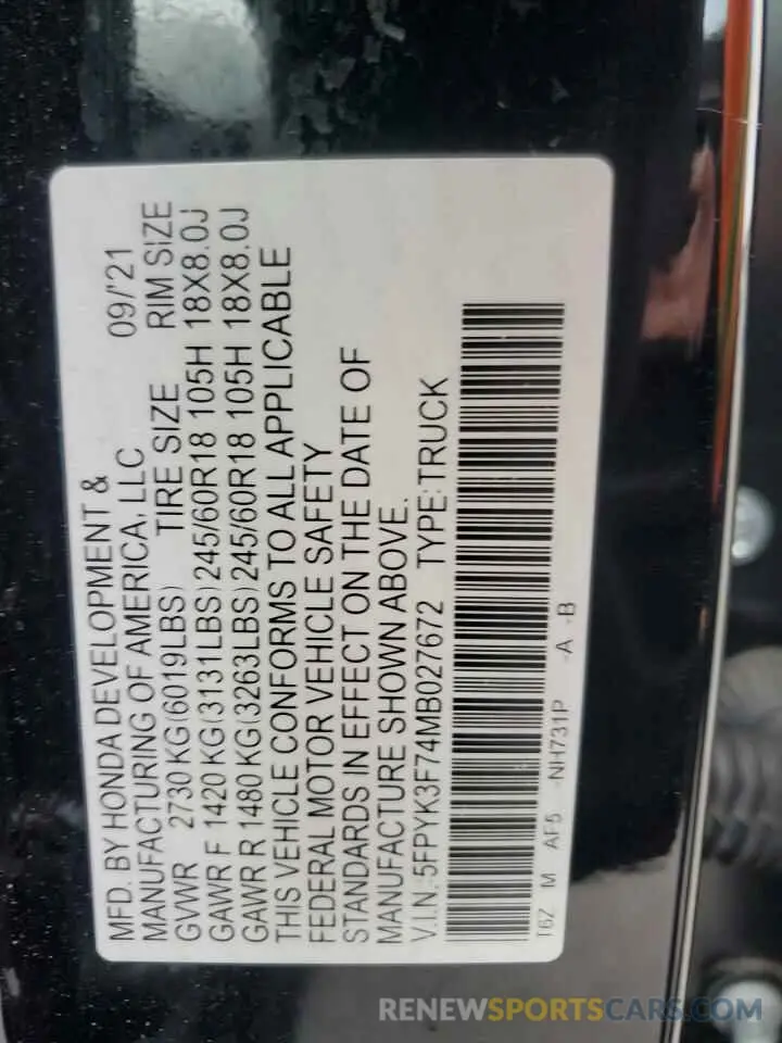 14 Photograph of a damaged car 5FPYK3F74MB027672 HONDA RIDGELINE 2021