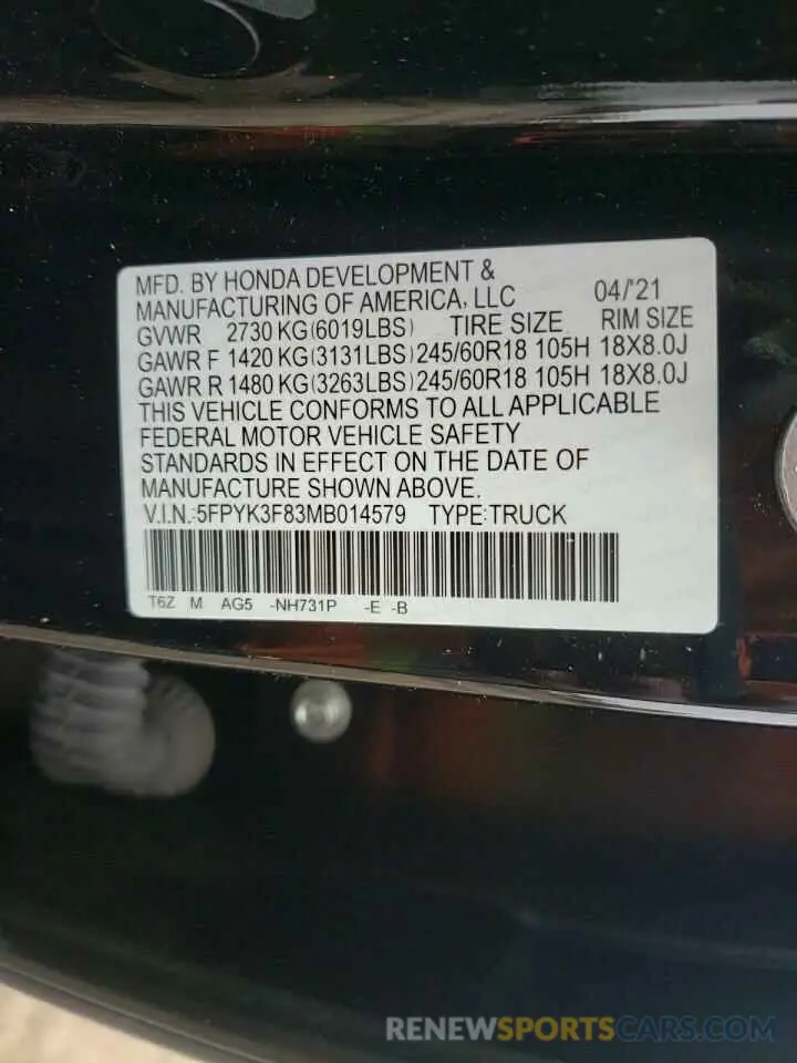 15 Photograph of a damaged car 5FPYK3F83MB014579 HONDA RIDGELINE 2021