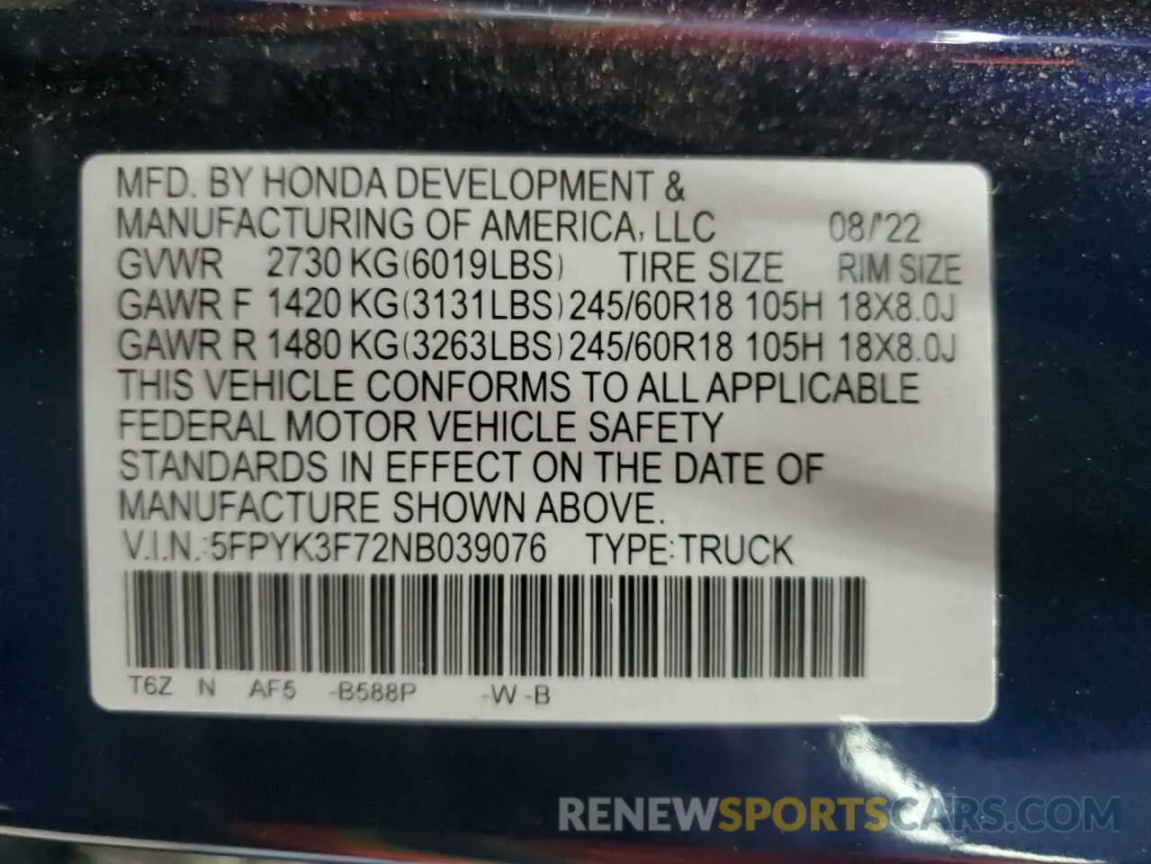12 Photograph of a damaged car 5FPYK3F72NB039076 HONDA RIDGELINE 2022