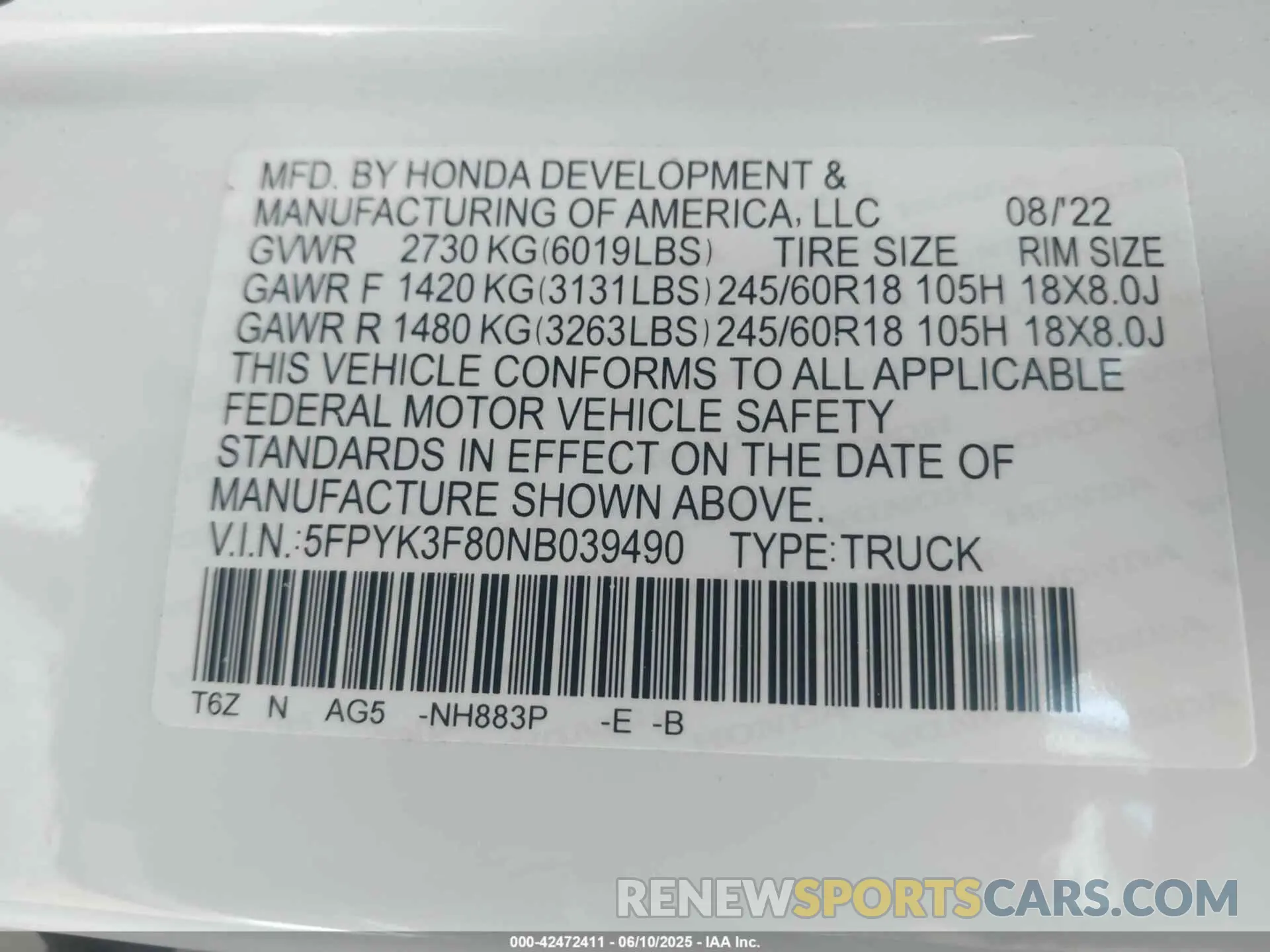 9 Photograph of a damaged car 5FPYK3F80NB039490 HONDA RIDGELINE 2022