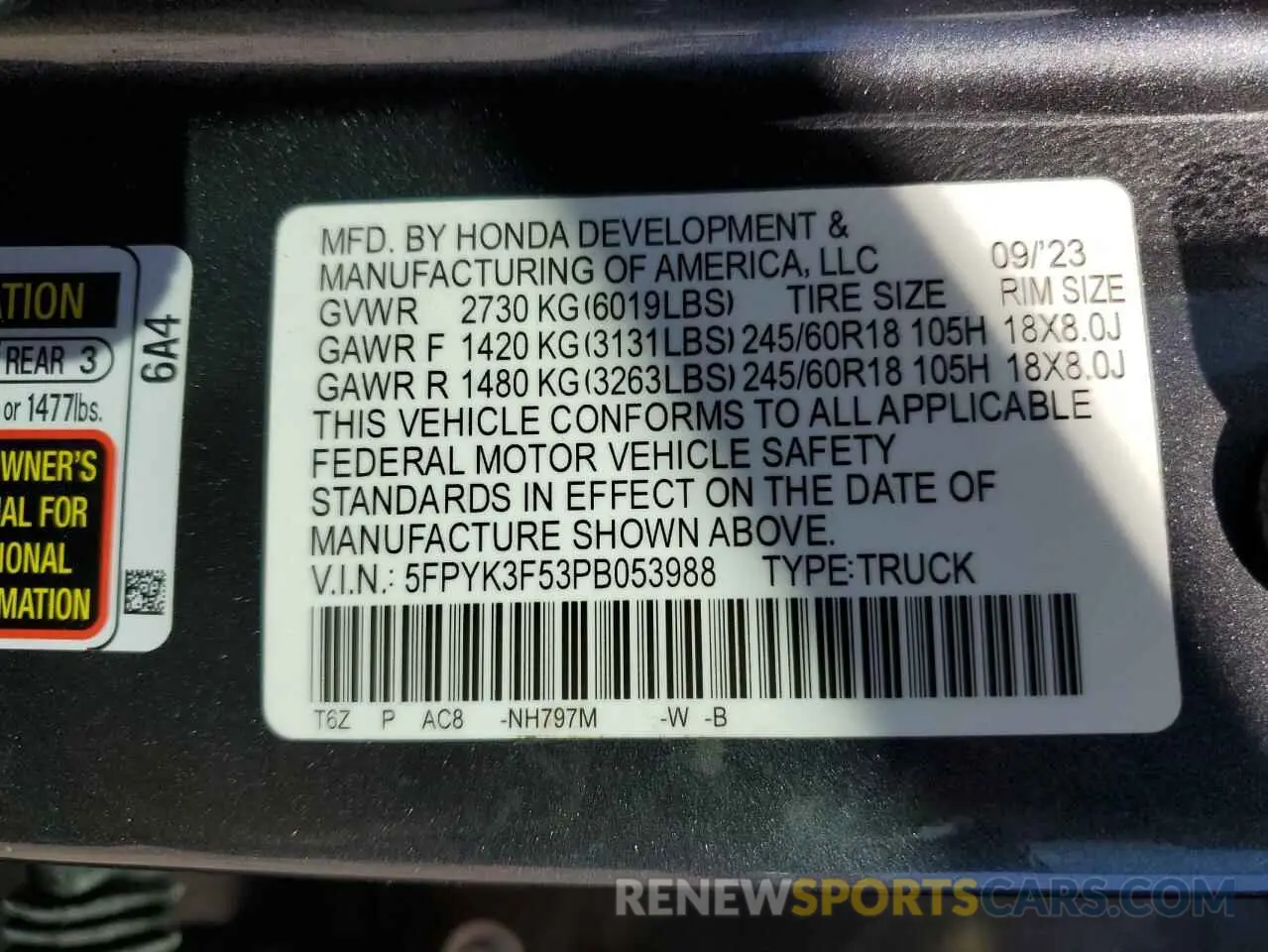 13 Photograph of a damaged car 5FPYK3F53PB053988 HONDA RIDGELINE 2023