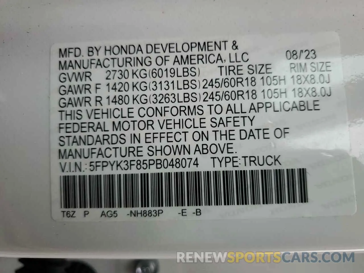 12 Photograph of a damaged car 5FPYK3F85PB048074 HONDA RIDGELINE 2023