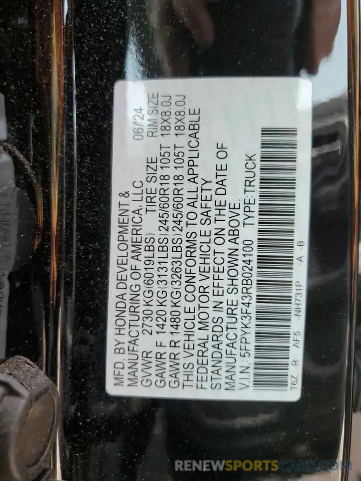 12 Photograph of a damaged car 5FPYK3F43RB024100 HONDA RIDGELINE 2024