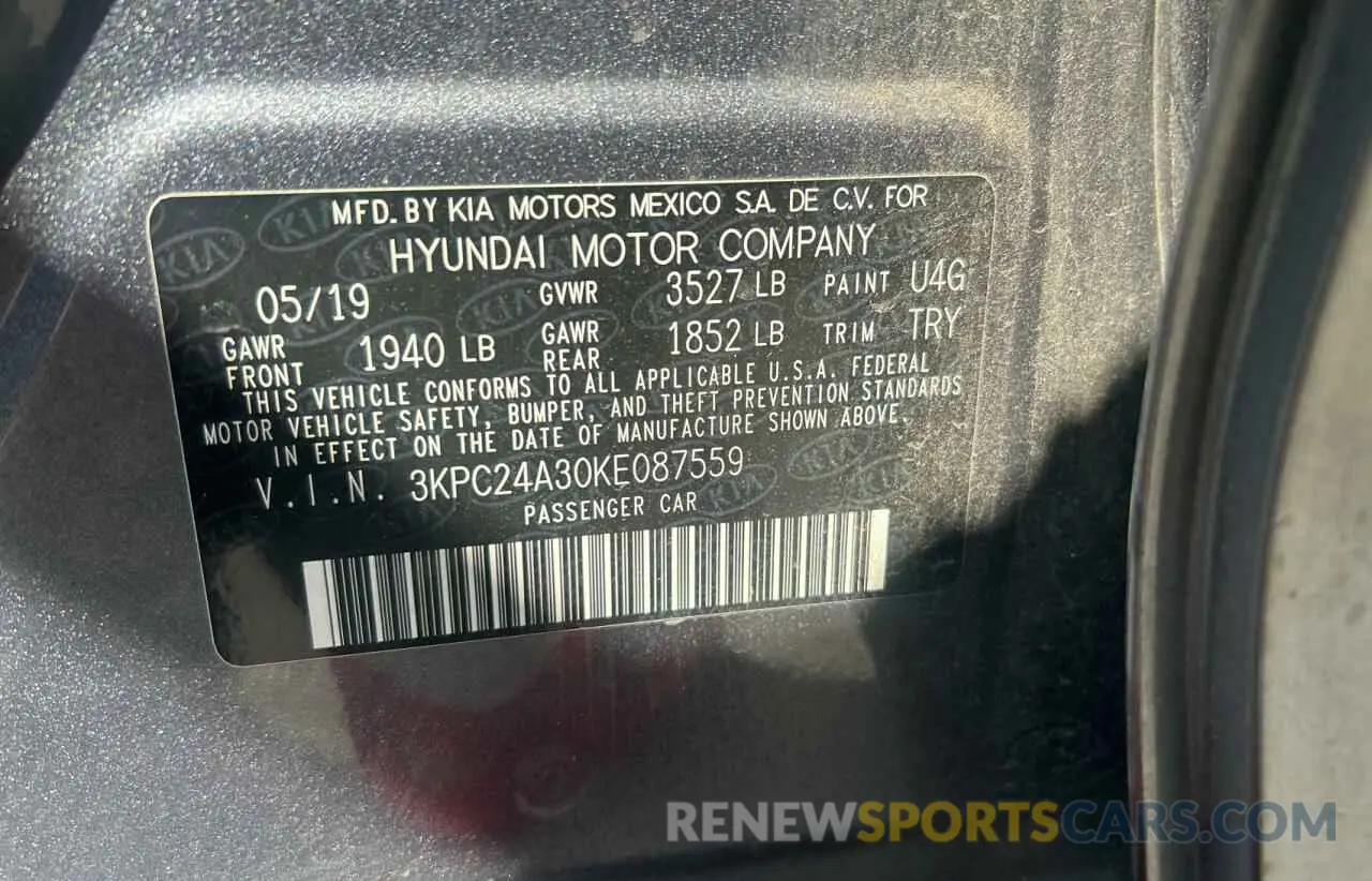10 Photograph of a damaged car 3KPC24A30KE087559 HYUNDAI ACCENT 2019
