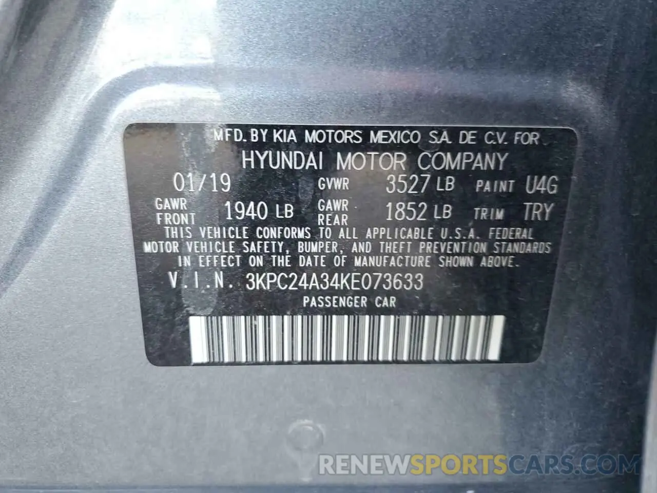 12 Photograph of a damaged car 3KPC24A34KE073633 HYUNDAI ACCENT 2019