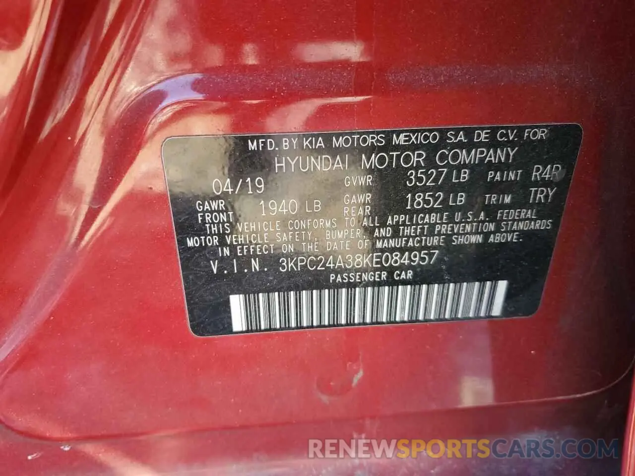 12 Photograph of a damaged car 3KPC24A38KE084957 HYUNDAI ACCENT 2019