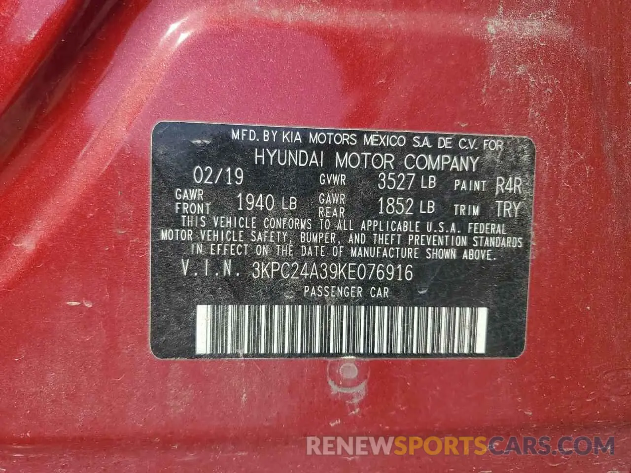 13 Photograph of a damaged car 3KPC24A39KE076916 HYUNDAI ACCENT 2019
