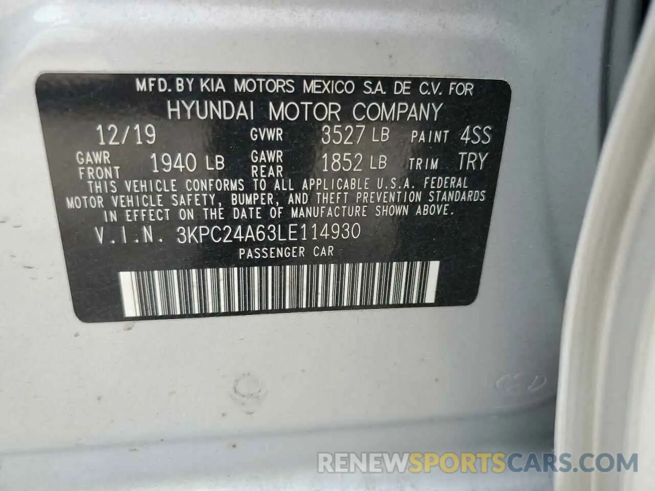 12 Photograph of a damaged car 3KPC24A63LE114930 HYUNDAI ACCENT 2020
