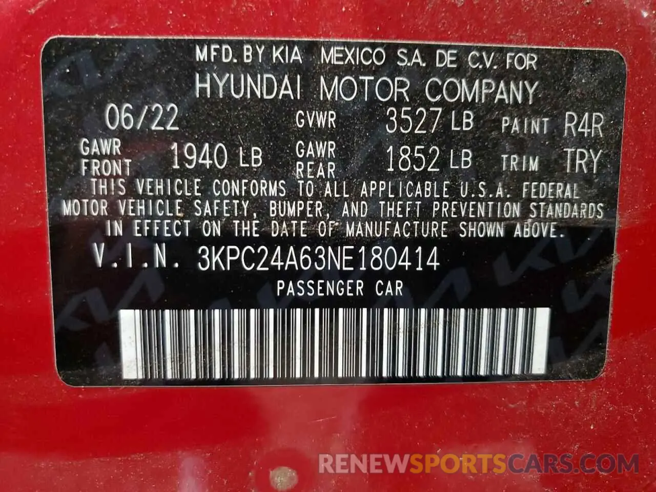 12 Photograph of a damaged car 3KPC24A63NE180414 HYUNDAI ACCENT 2022