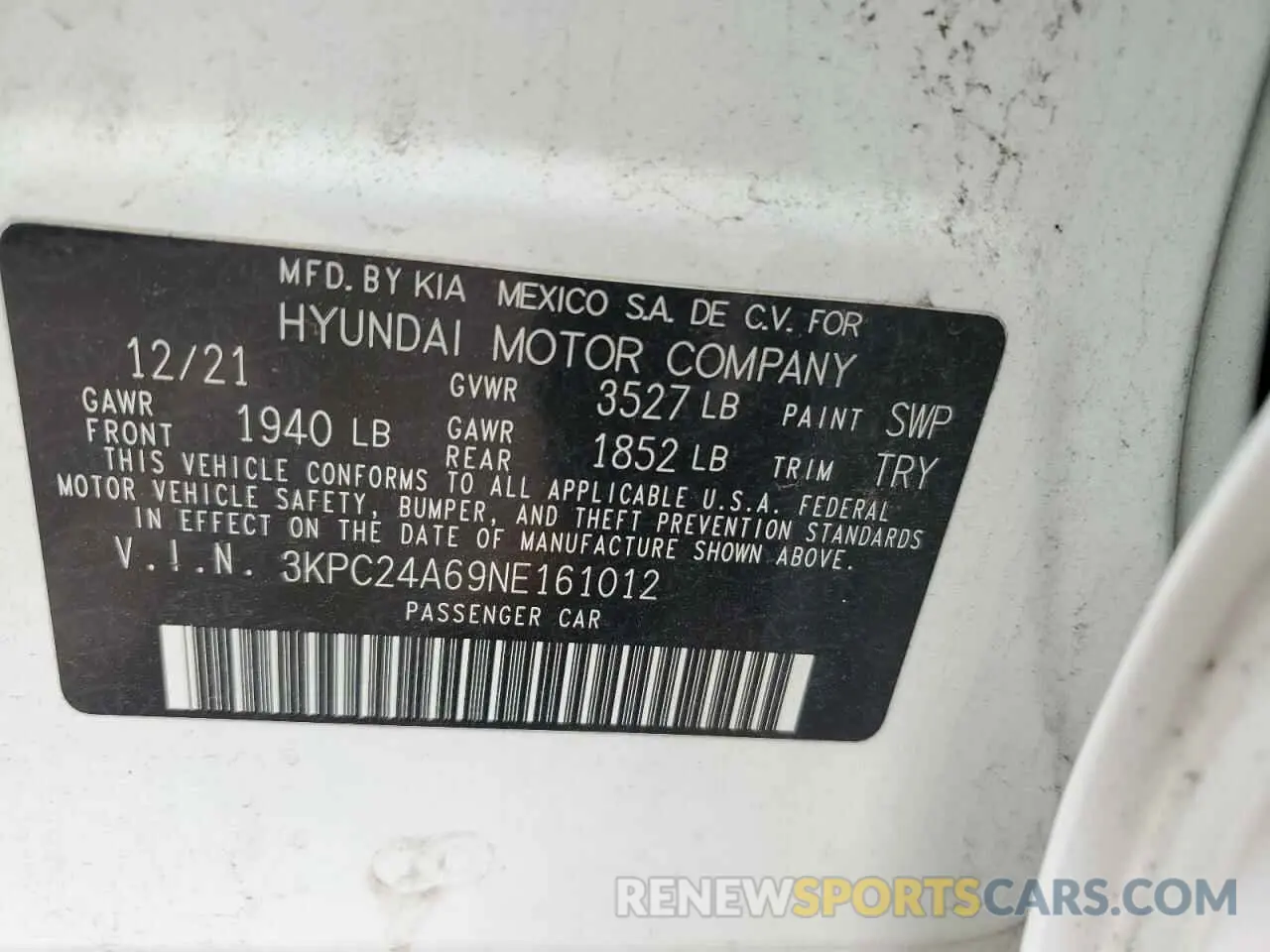 12 Photograph of a damaged car 3KPC24A69NE161012 HYUNDAI ACCENT 2022