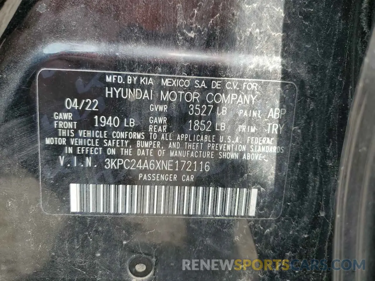 12 Photograph of a damaged car 3KPC24A6XNE172116 HYUNDAI ACCENT 2022