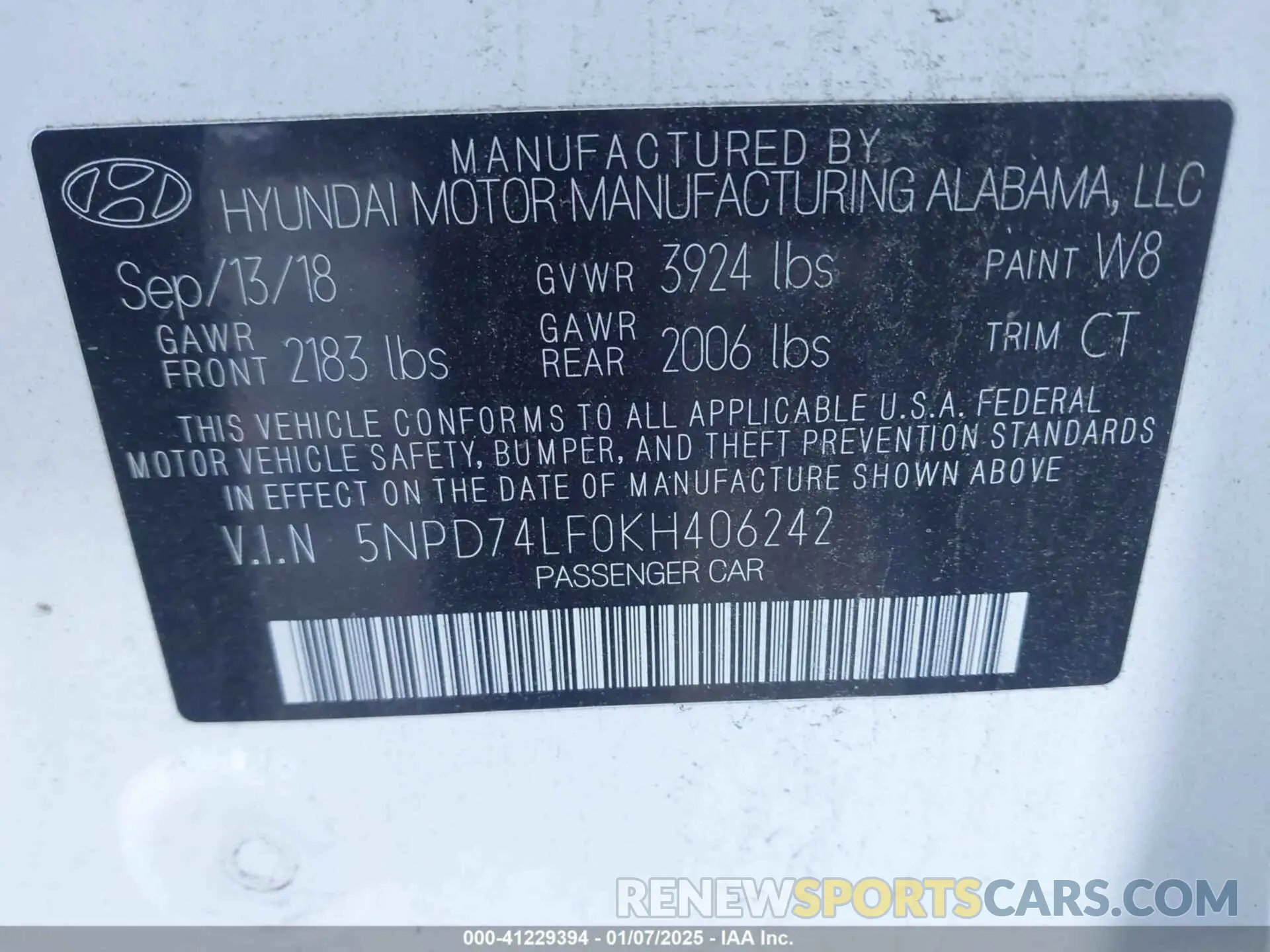 9 Photograph of a damaged car 5NPD74LF0KH406242 HYUNDAI ELANTRA 2019