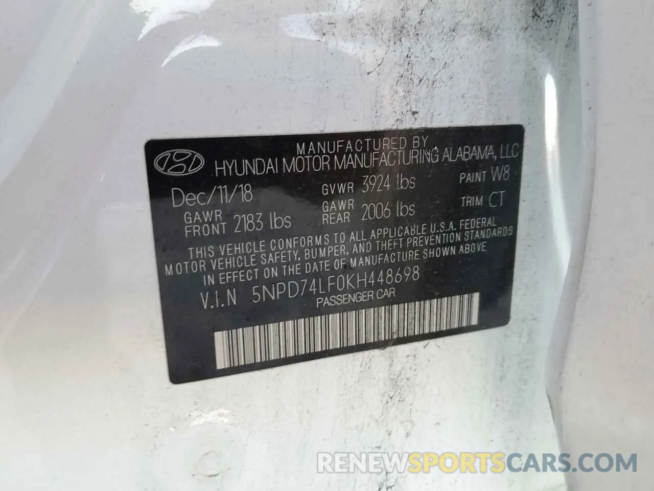 12 Photograph of a damaged car 5NPD74LF0KH448698 HYUNDAI ELANTRA 2019