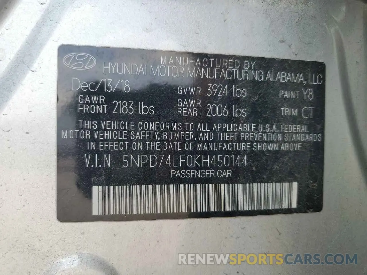 12 Photograph of a damaged car 5NPD74LF0KH450144 HYUNDAI ELANTRA 2019