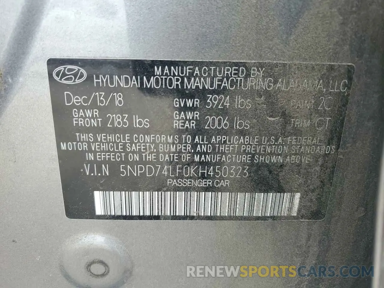 12 Photograph of a damaged car 5NPD74LF0KH450323 HYUNDAI ELANTRA 2019