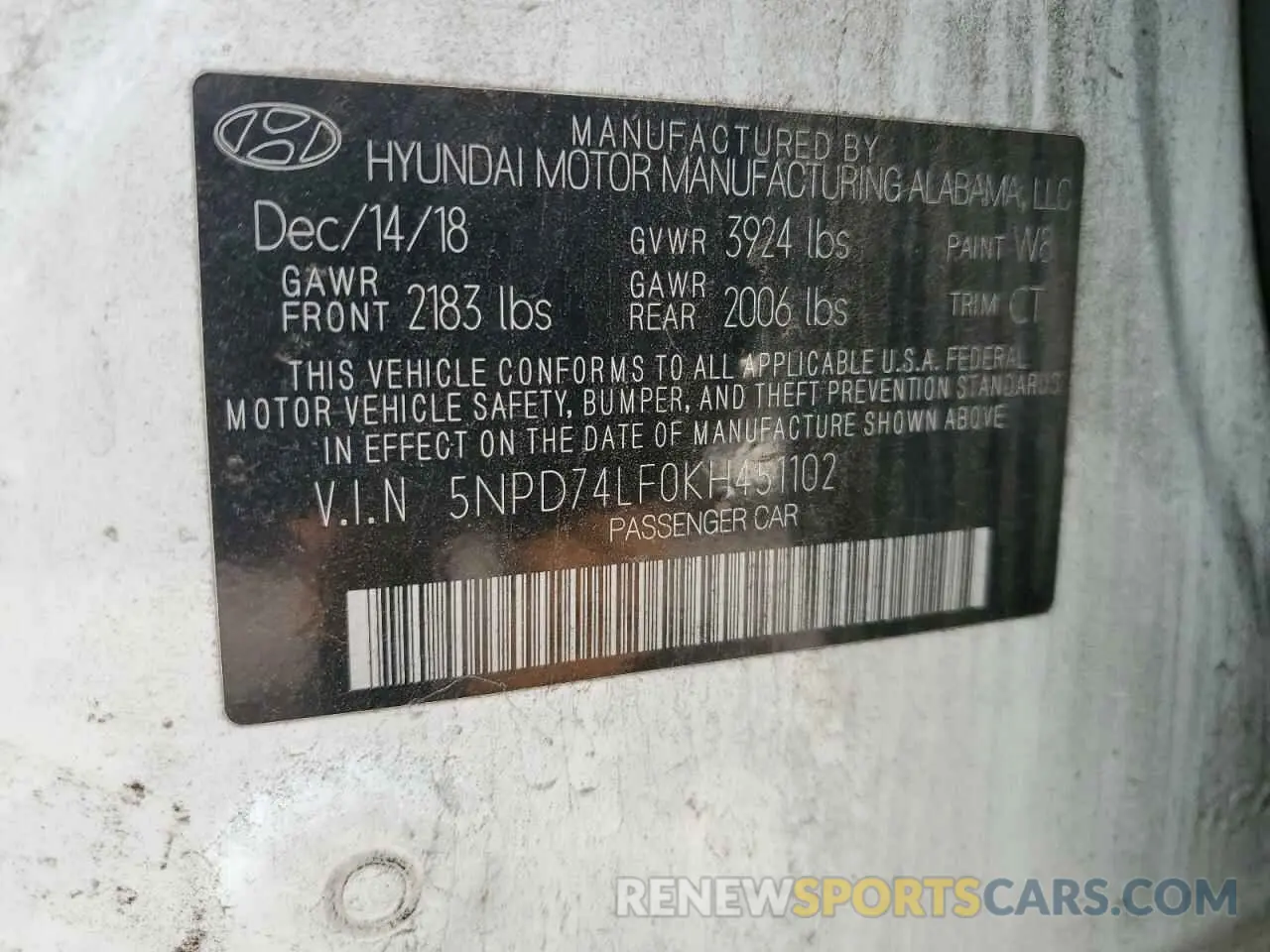 12 Photograph of a damaged car 5NPD74LF0KH451102 HYUNDAI ELANTRA 2019