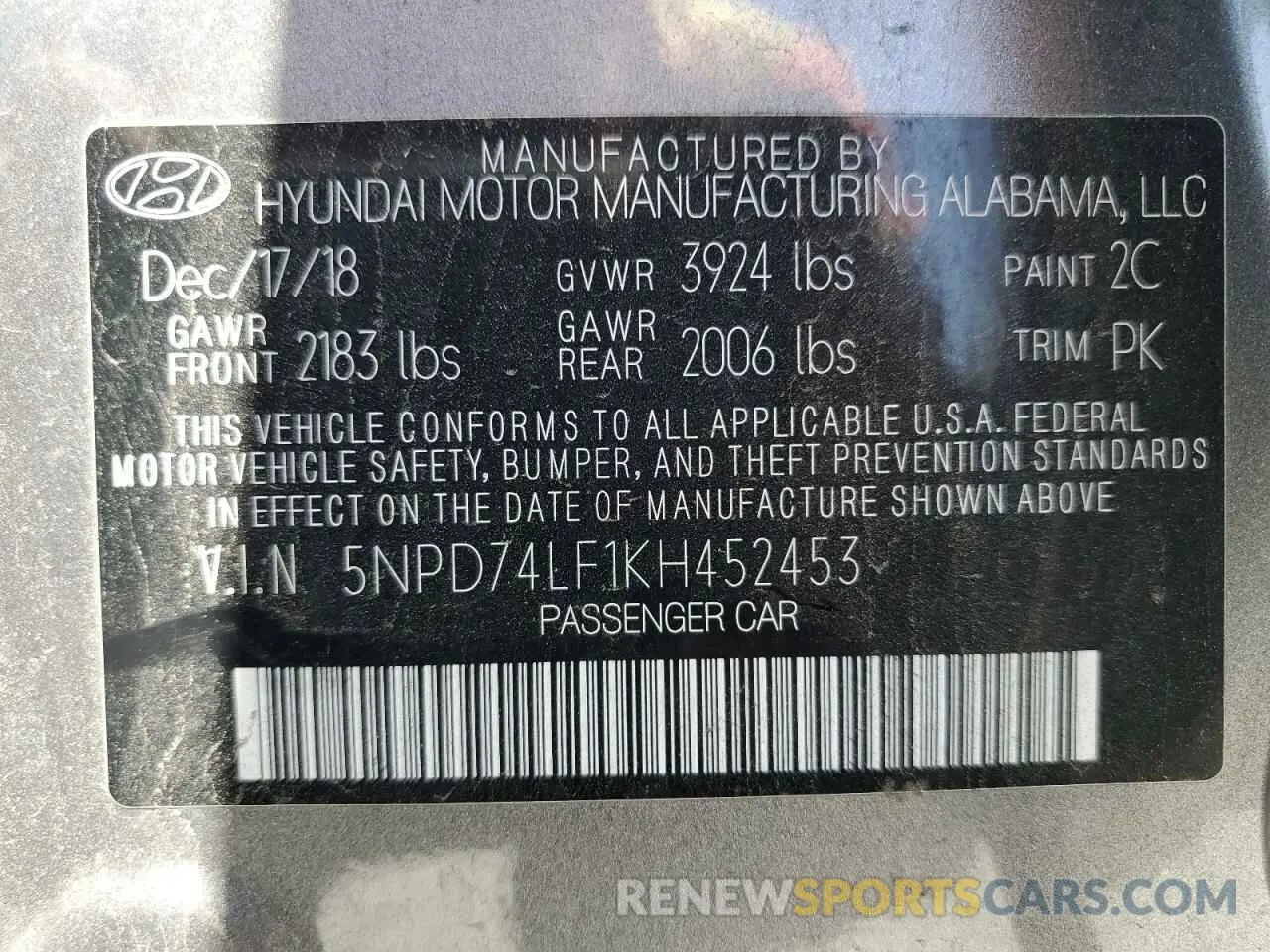 12 Photograph of a damaged car 5NPD74LF1KH452453 HYUNDAI ELANTRA 2019