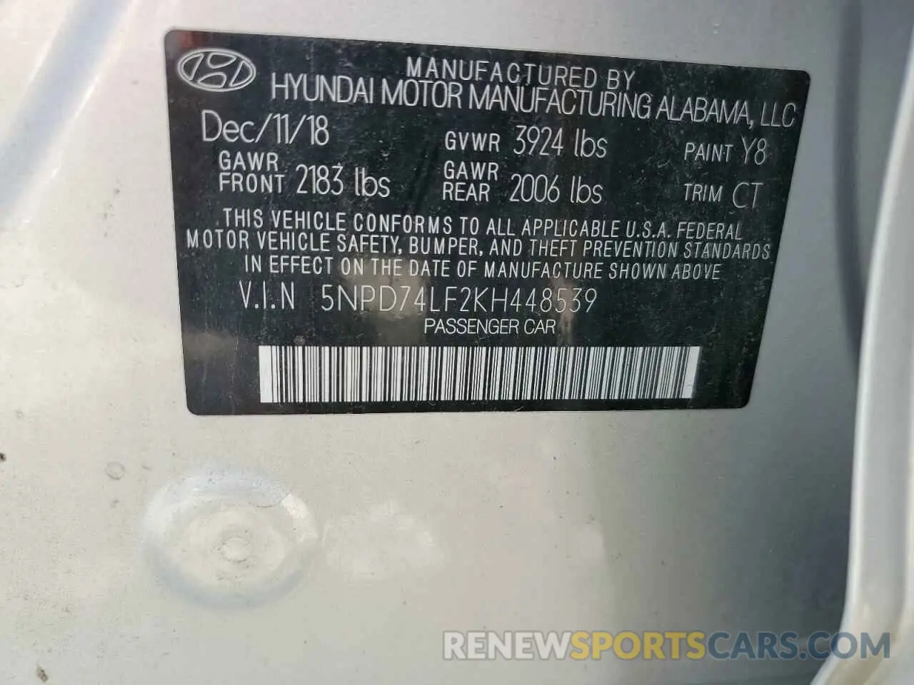 12 Photograph of a damaged car 5NPD74LF2KH448539 HYUNDAI ELANTRA 2019