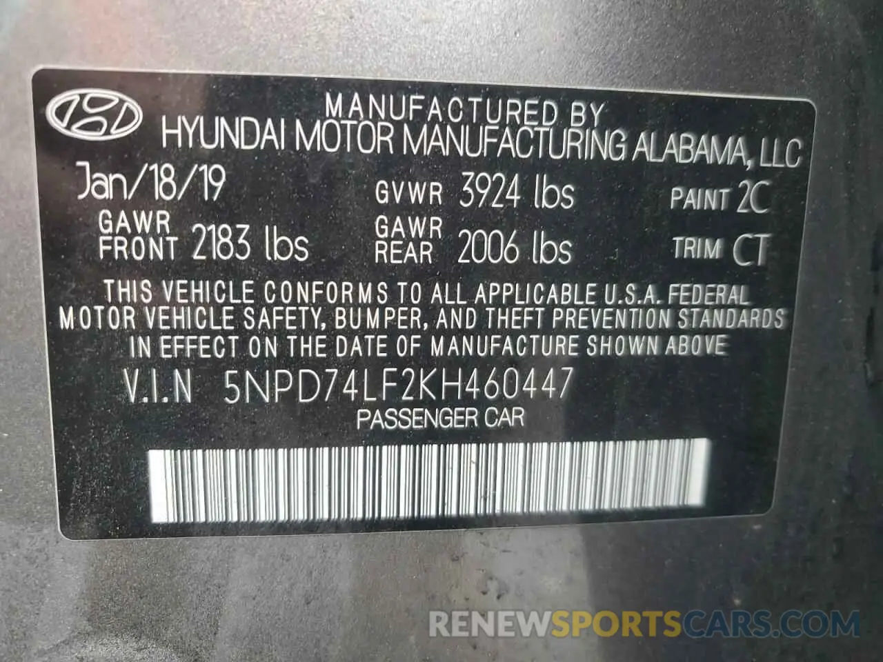 12 Photograph of a damaged car 5NPD74LF2KH460447 HYUNDAI ELANTRA 2019