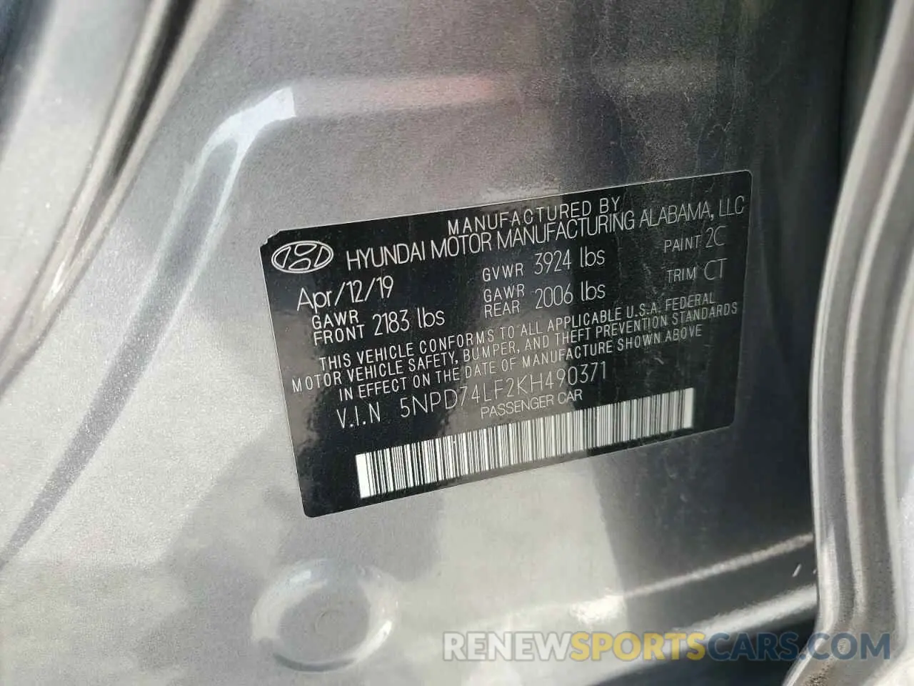 12 Photograph of a damaged car 5NPD74LF2KH490371 HYUNDAI ELANTRA 2019