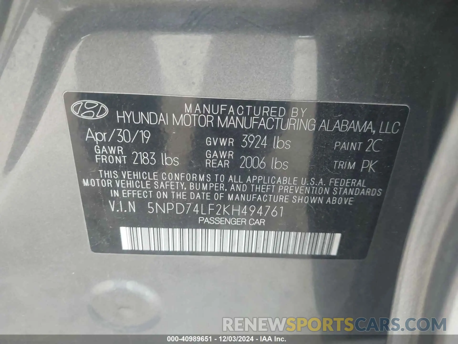 9 Photograph of a damaged car 5NPD74LF2KH494761 HYUNDAI ELANTRA 2019
