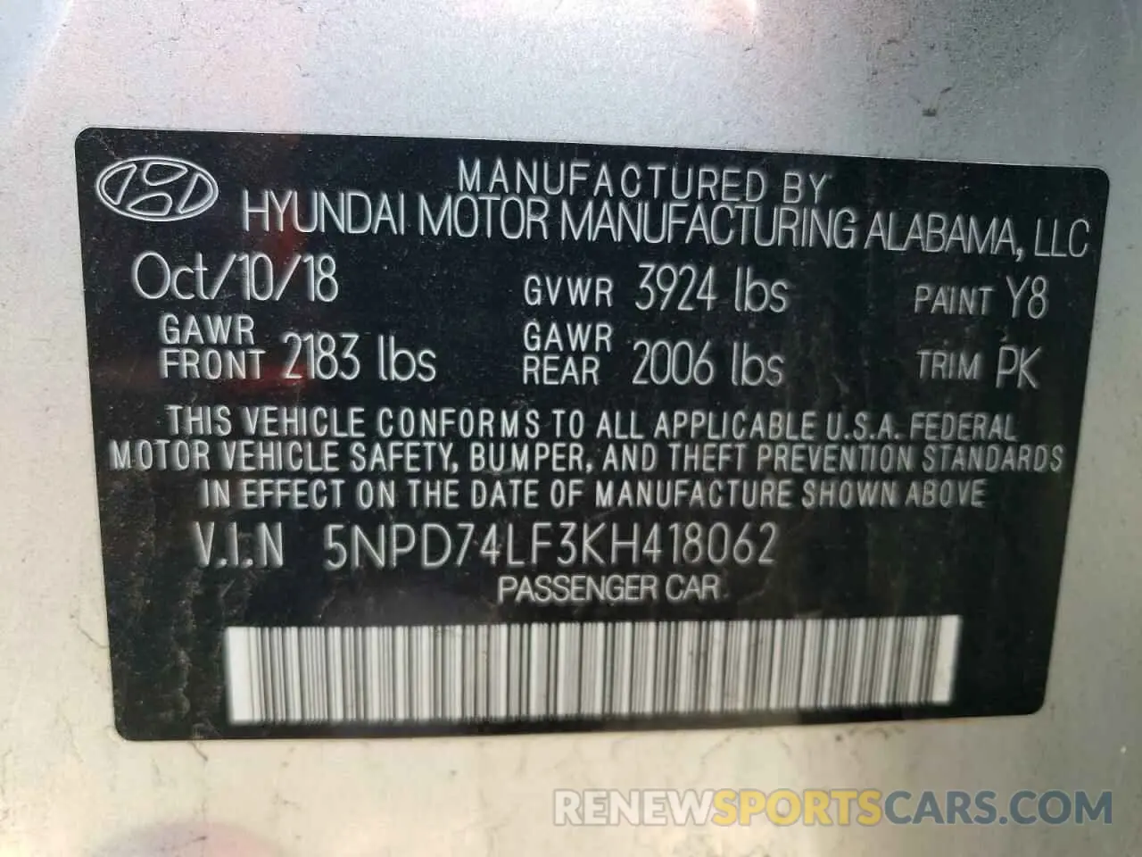 12 Photograph of a damaged car 5NPD74LF3KH418062 HYUNDAI ELANTRA 2019