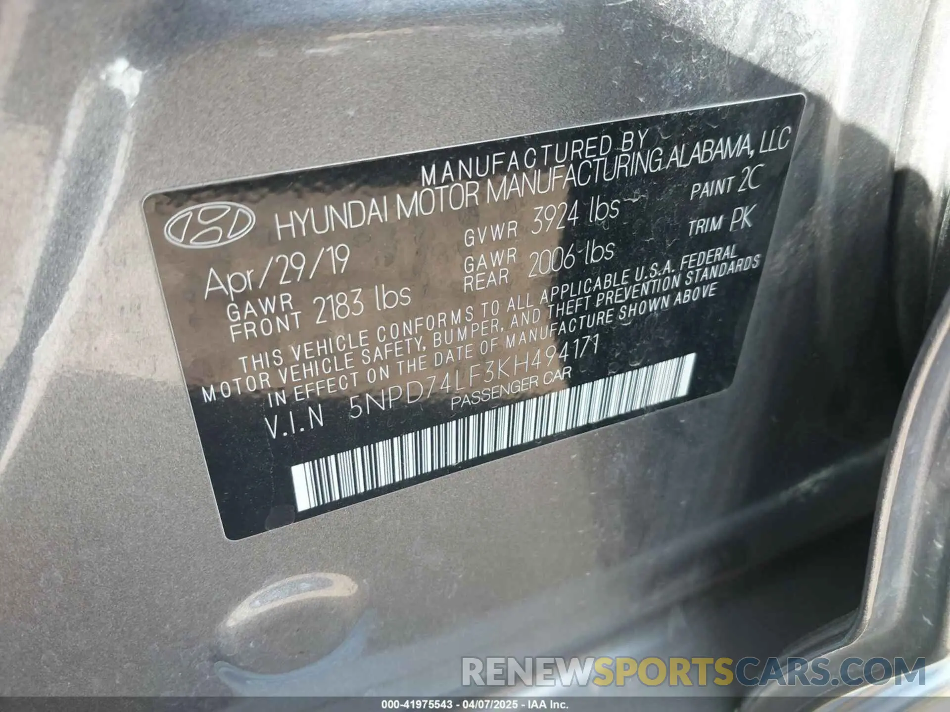 9 Photograph of a damaged car 5NPD74LF3KH494171 HYUNDAI ELANTRA 2019