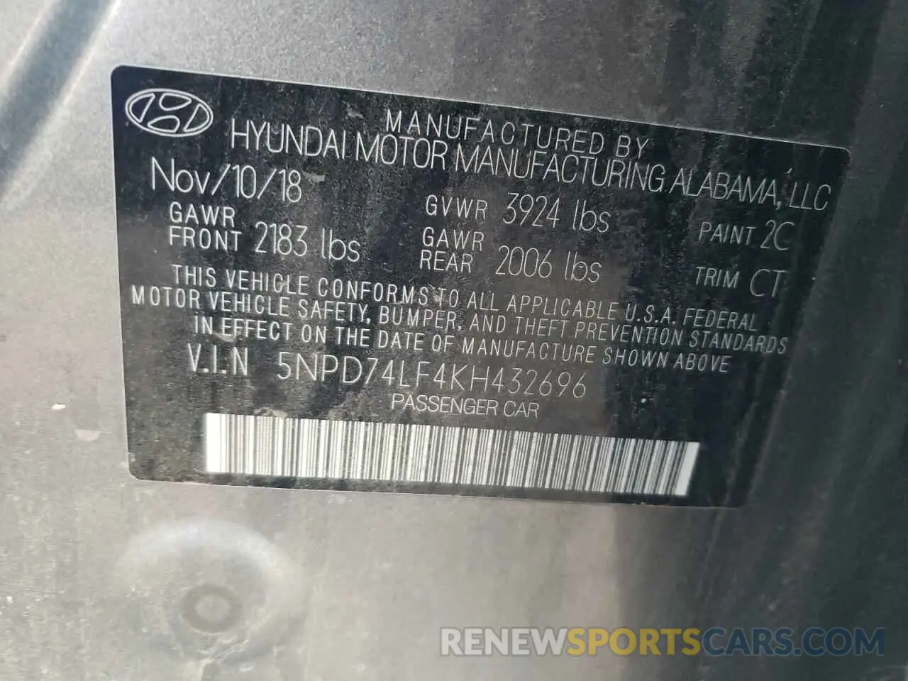 12 Photograph of a damaged car 5NPD74LF4KH432696 HYUNDAI ELANTRA 2019