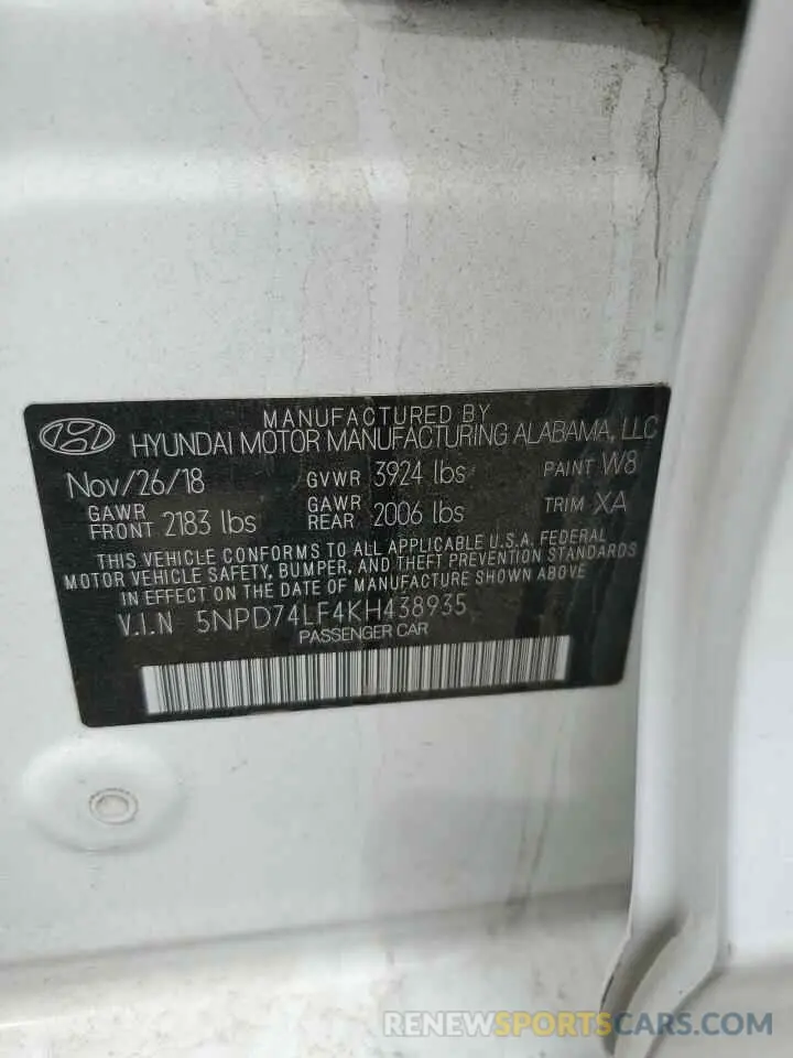 12 Photograph of a damaged car 5NPD74LF4KH438935 HYUNDAI ELANTRA 2019