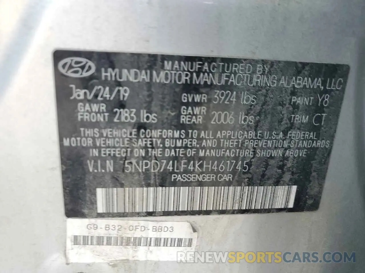 12 Photograph of a damaged car 5NPD74LF4KH461745 HYUNDAI ELANTRA 2019