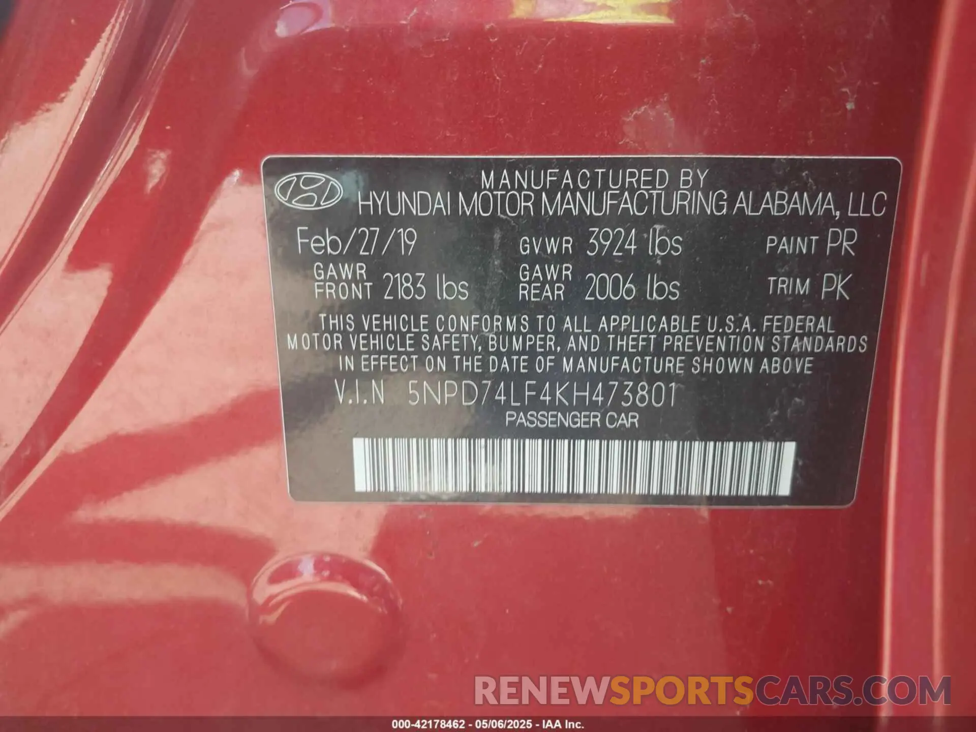 9 Photograph of a damaged car 5NPD74LF4KH473801 HYUNDAI ELANTRA 2019