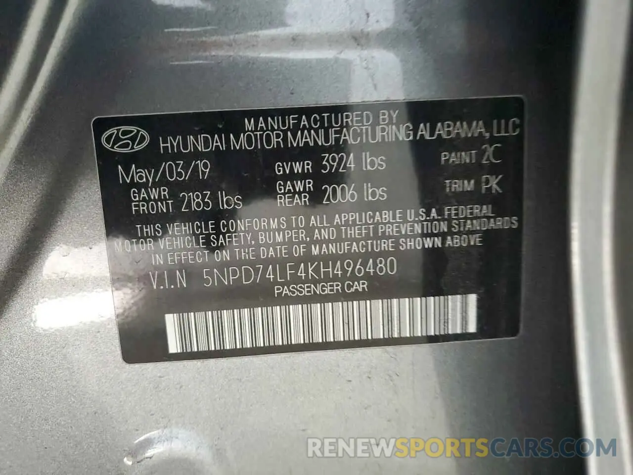 12 Photograph of a damaged car 5NPD74LF4KH496480 HYUNDAI ELANTRA 2019