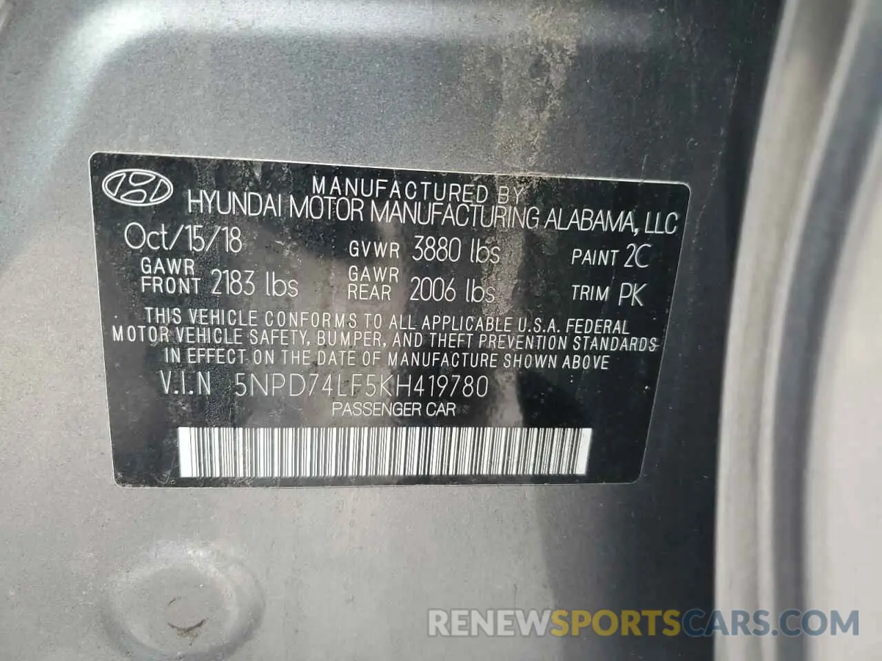 12 Photograph of a damaged car 5NPD74LF5KH419780 HYUNDAI ELANTRA 2019