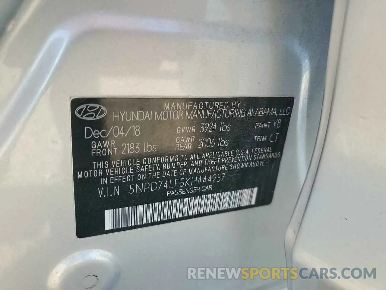 12 Photograph of a damaged car 5NPD74LF5KH444257 HYUNDAI ELANTRA 2019