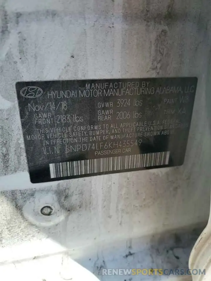 12 Photograph of a damaged car 5NPD74LF6KH435549 HYUNDAI ELANTRA 2019