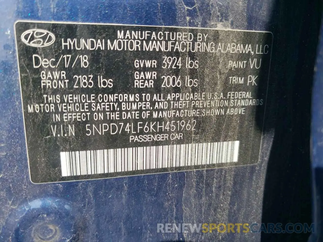 12 Photograph of a damaged car 5NPD74LF6KH451962 HYUNDAI ELANTRA 2019