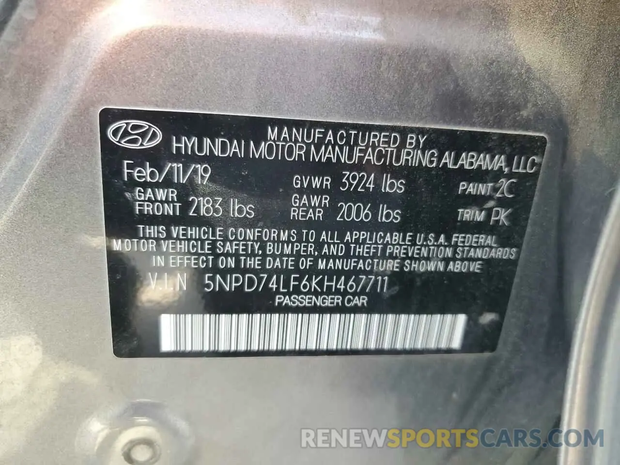 13 Photograph of a damaged car 5NPD74LF6KH467711 HYUNDAI ELANTRA 2019