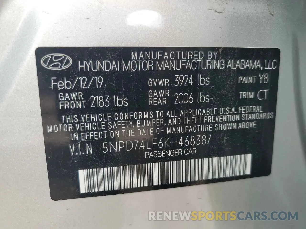 12 Photograph of a damaged car 5NPD74LF6KH468387 HYUNDAI ELANTRA 2019