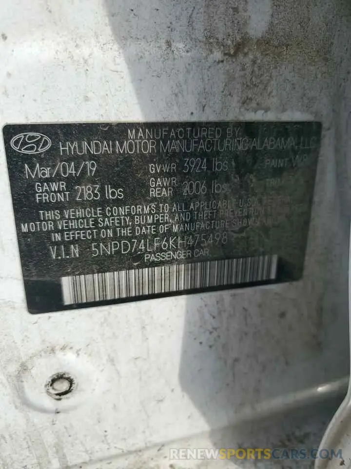 12 Photograph of a damaged car 5NPD74LF6KH475498 HYUNDAI ELANTRA 2019