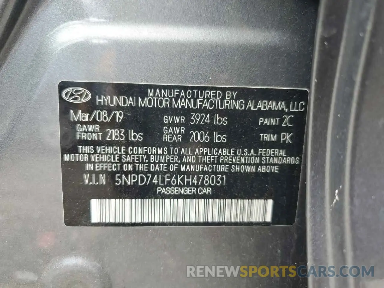12 Photograph of a damaged car 5NPD74LF6KH478031 HYUNDAI ELANTRA 2019