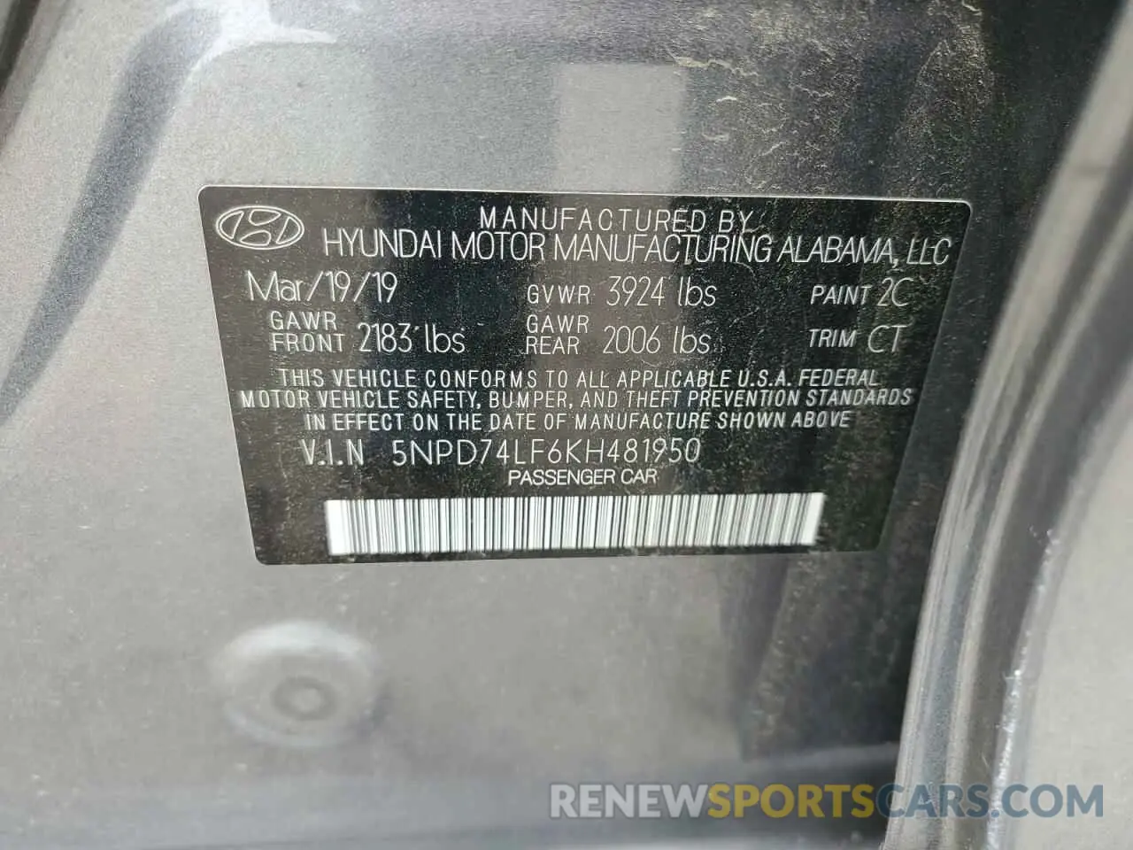12 Photograph of a damaged car 5NPD74LF6KH481950 HYUNDAI ELANTRA 2019