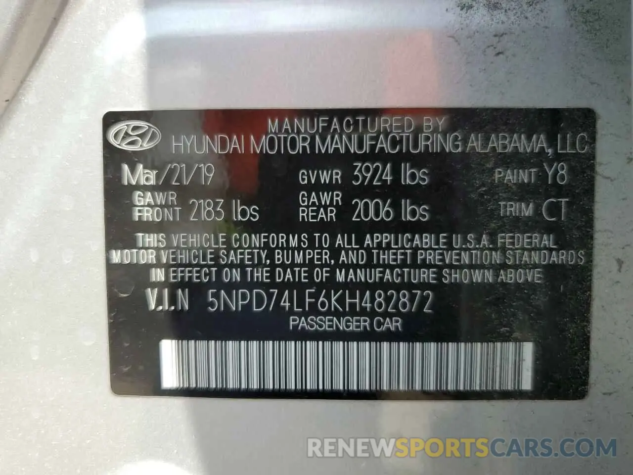 12 Photograph of a damaged car 5NPD74LF6KH482872 HYUNDAI ELANTRA 2019