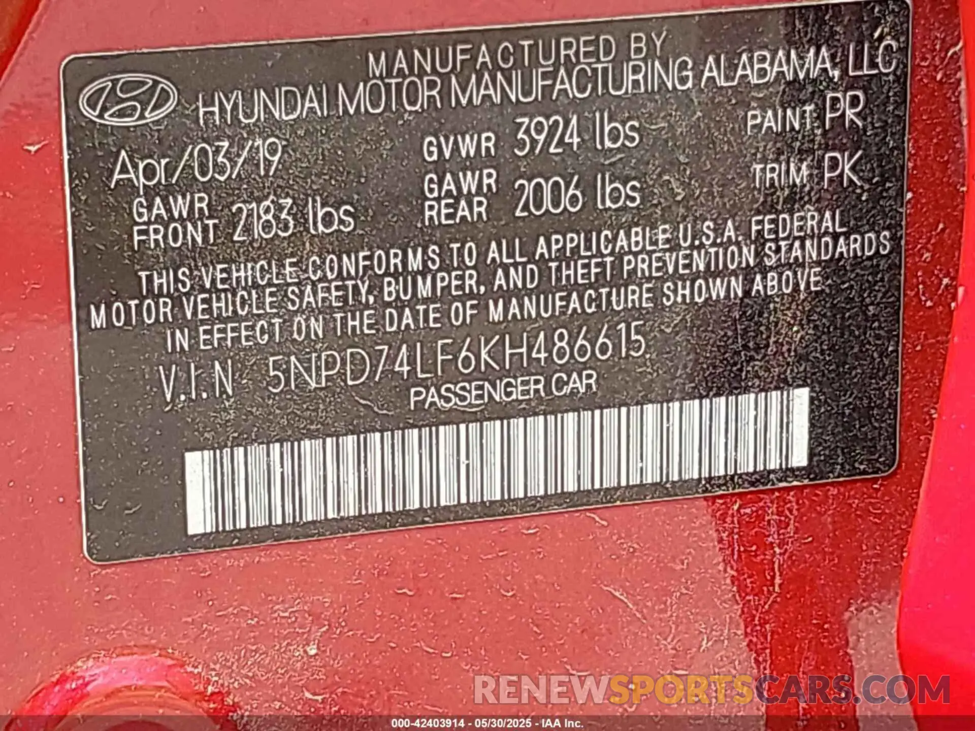 9 Photograph of a damaged car 5NPD74LF6KH486615 HYUNDAI ELANTRA 2019